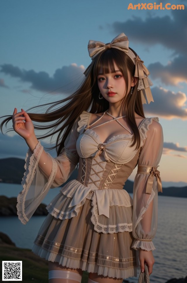 A woman in a dress and stockings posing by the water.