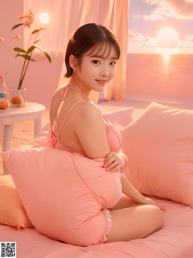 A woman sitting on a bed with pink pillows.