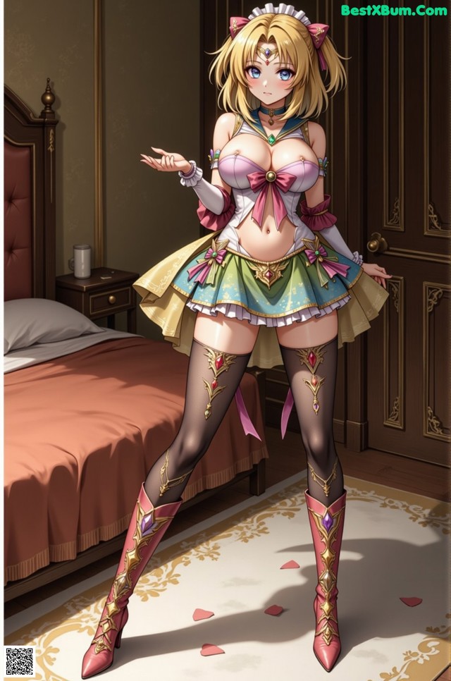 A woman in a maid outfit standing in front of a bed.