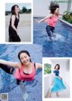 A collage of photos of a woman jumping into a swimming pool.