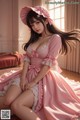 A woman in a pink dress and hat sitting on a bed.
