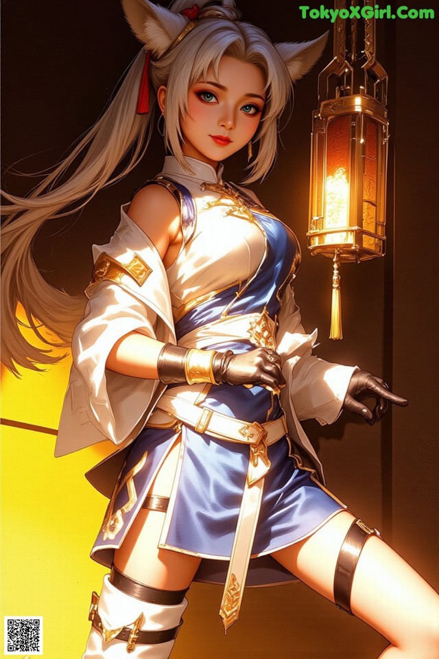 A woman in a white and blue outfit holding a lantern.