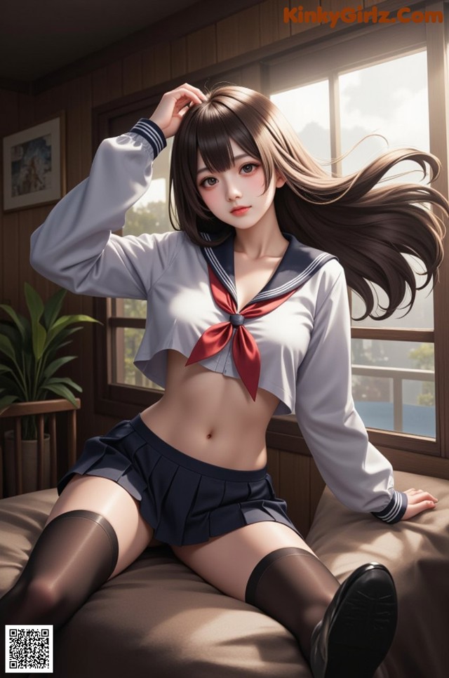 A woman in a school uniform sitting on a bed.