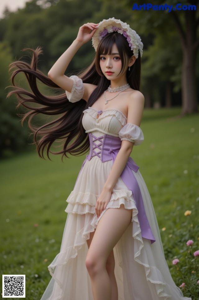 A woman in a white dress and a purple corset posing for a picture.