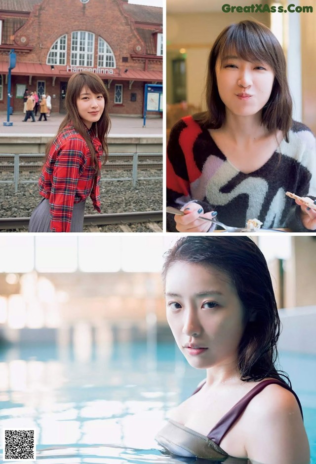 A collage of photos of a woman in a swimming pool.