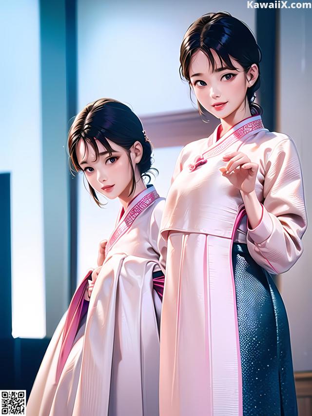 A couple of women standing next to each other in a room.