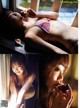 A woman in a pink bikini eating a piece of fruit.